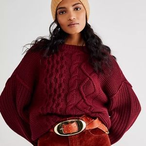 NWOT Free People Dream Cable Crewneck Sweater in Cabernet - XS